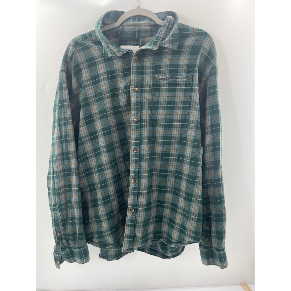 Columbia Mens XL Green Blue Plaid Long Sleeve Button Down Flannel Shirt